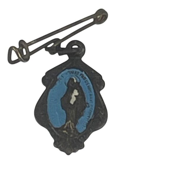 Vintage Religious Medal Pin With Madonna & Child In Blue Oval - Picture 6 of 6